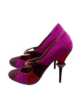 Miu Miu Colorblock Suede Mary Jane Heels Size 37 Sculptural Heel Designer Pink